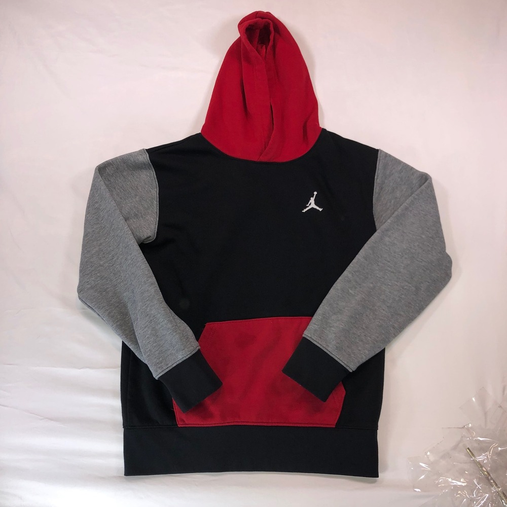 Jordan Boys Pullover Hoodie Black Red Grey Jumpman Logo Size Medium 10-12 Yrs